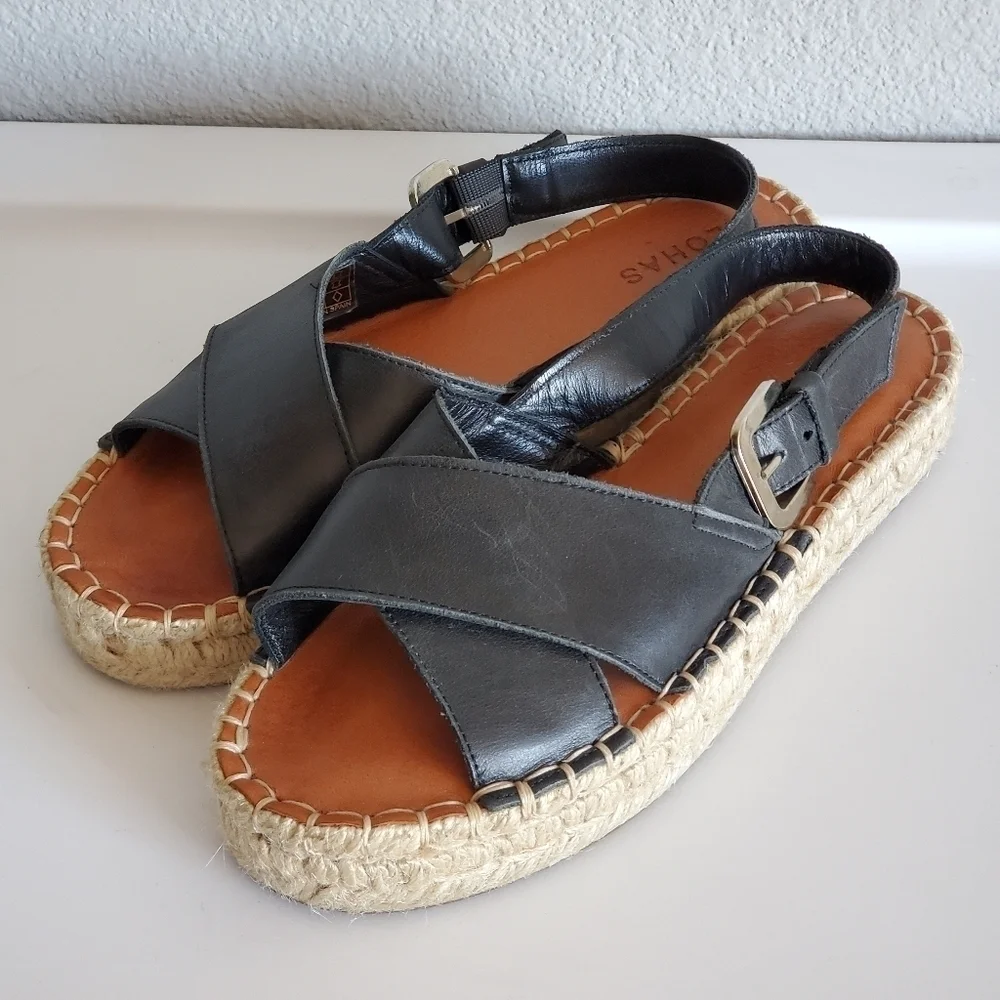 Alohas Crossed Black Leather Espadrilles Sandals Platform Made in Spain Size 36